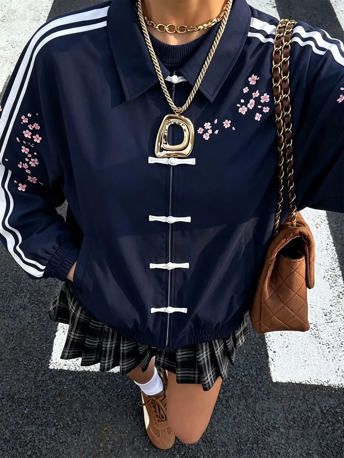Unisex Chinese Frog Button Jacket, Retro Track Jacket with Sakura Floral Embroidery, Collared Zip Up Striped Sleeve Bomber Coat,Spring Autumn Daily School Street Y2K Aesthetic Outfit, Trendy TikTok Viral Traditional Chinese Style Windbreaker Jacket