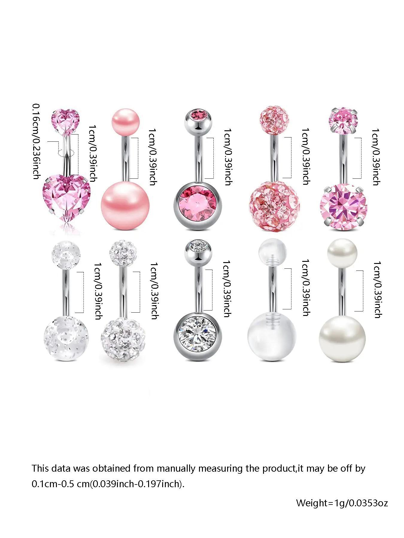 10pcs/set Elegant Rhinestone Heart Decor Belly Button Ring, Trendy Women Belly Piercing Body Jewelry, Classic Fashion Accessories for Daily Wear, Valentine's Day Gift, Body Piercings Set