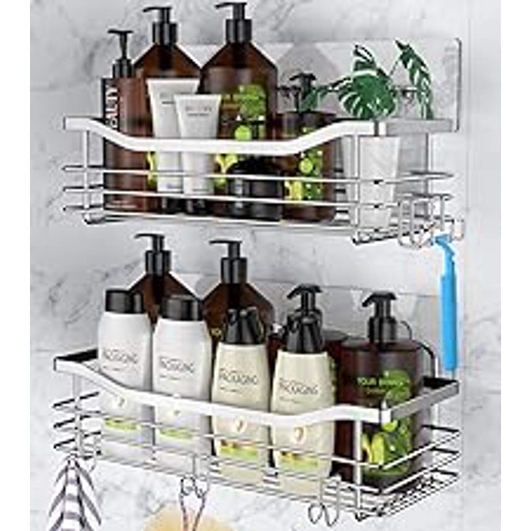 Rustproof 3 Tier Floor Standing Corner Shower Caddy Organizer with Toothbrush Holder, Large Spacing Floor Shower Shelf Rack Storage Stands with Hooks for Bathroom Kitchen, Black