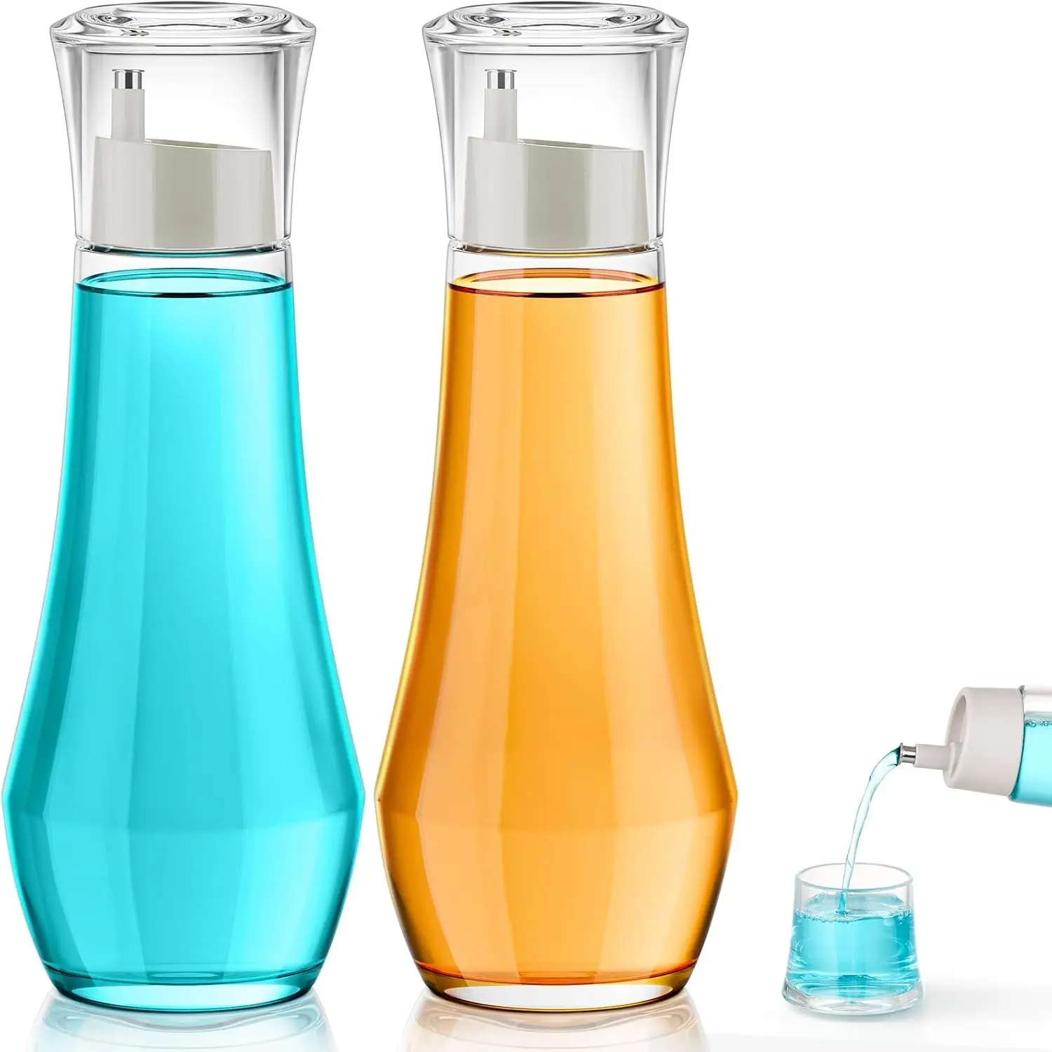 Glass Mouthwash Dispenser for Bathroom, Small Container Bottle | Mouth Wash Decanter with Lid Cup, 8.8 OZ Clear Refillable Bottles for Listerine Mouthwash, Set of 2