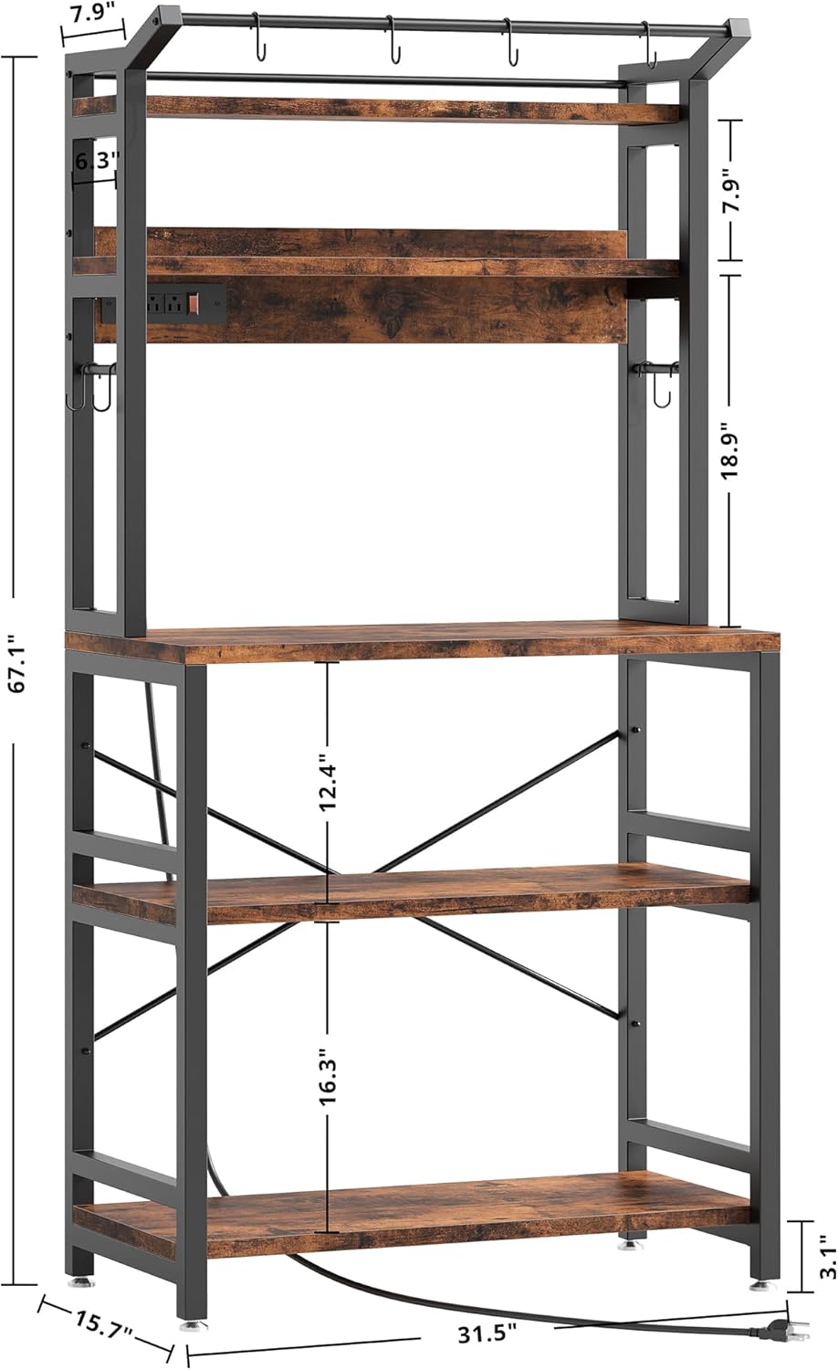 IRONCK Bakers Rack with Power Outlet, Microwave Stand with Storage, Coffee bar with 9 Hooks, 5 Tier Large Storage Capacity and Strong Metal Material for Kitchen, Vintage Brown Easy to Assemble