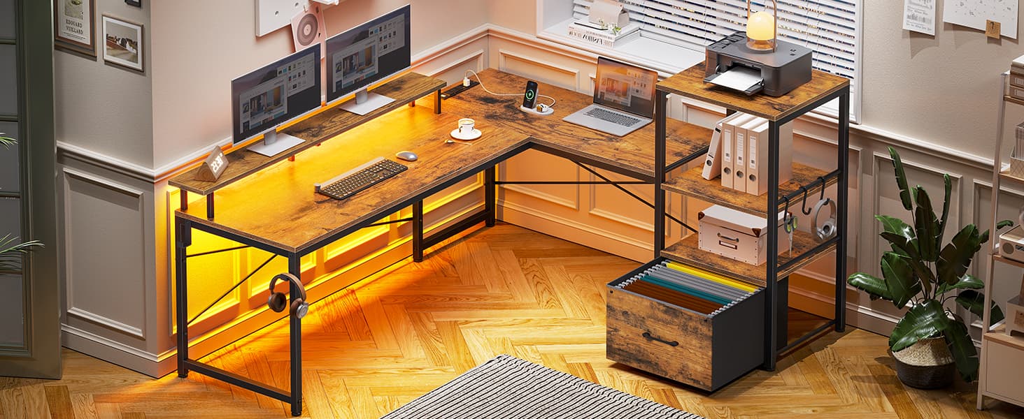 SEDETA 51-inch Corner Computer Desk with LED Lights, Storage Shelves,) Game Table Office Furniture Modern Design Keyboard Mouse Customizable