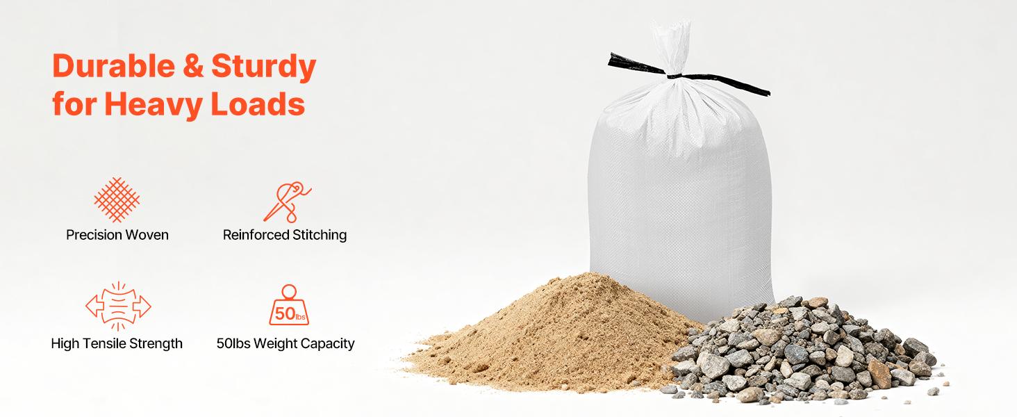 VEVOR Empty Sandbags, 200 Packs 16x 26 in, Heavy Duty Sand Bags Sacks with Ties, 50lb Capacity Woven Polypropylene Sandbags, Tear-Resistant UV-Resistant Sand Bags for Flood Protection Barrier