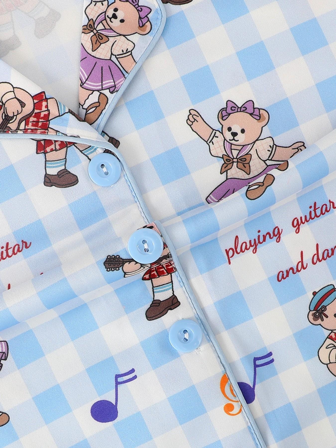 2-Piece Kids' Fire-Resistant Pajama Set, Short Sleeve Button Front Top & Shorts, Cartoon Bear Pattern, All Seasons, Boys & Girls