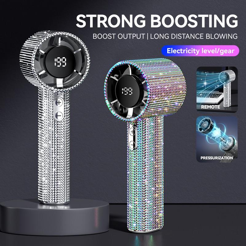 Portable Handheld Turbo Fan, Fashion Full Diamond Design, 1800mah USB Rechargeable, Personal Battery Operated, Mini Pocket Fan for Travel Outdoor