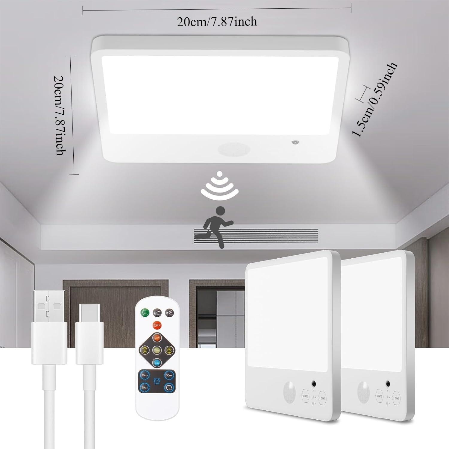 Motion Sensor Closet Light, 20cm Rechargeable Square Ceiling Lamp, Wall Light with Remote, Adjustable Color Temperature, Magnetic Installation