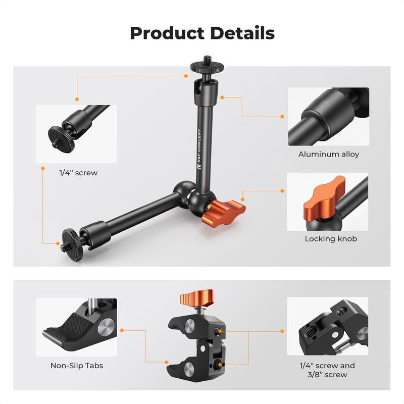 【K&F CONCEPT】  Magic Arm Clamp Kit with 1/4" & 3/8" Thread Screw 360° Ball Heads Articulating Magic Arm Camera Mount for Monitor, Flash, LED Light, Microphone, Camera Cage, Action Camera