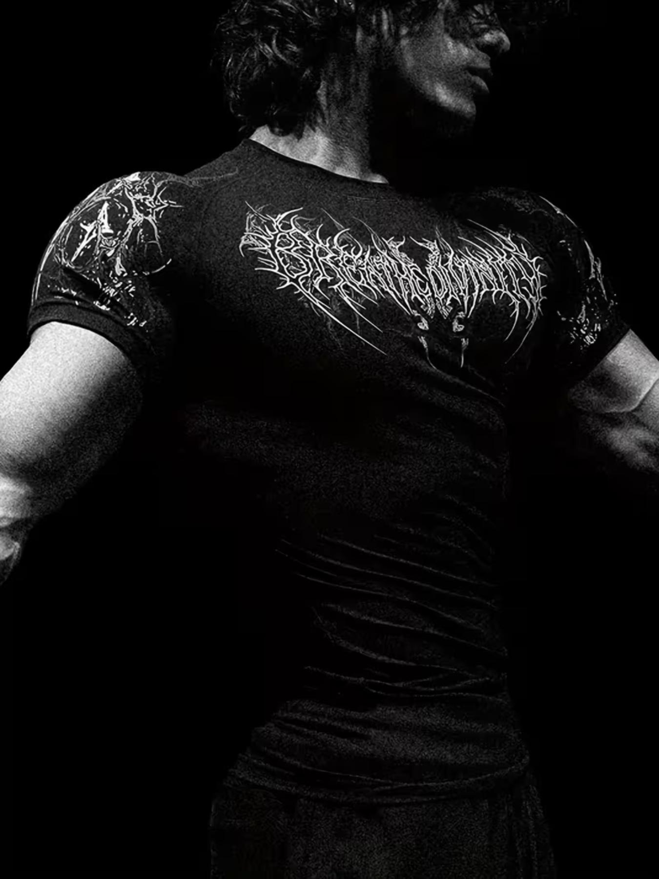 New Men's Trendy Fitted Sports Shirt, Gothic Print Quick-Dry Compression Fitness Top, Short Sleeve Long Clothing, Sporty Geometric Pattern