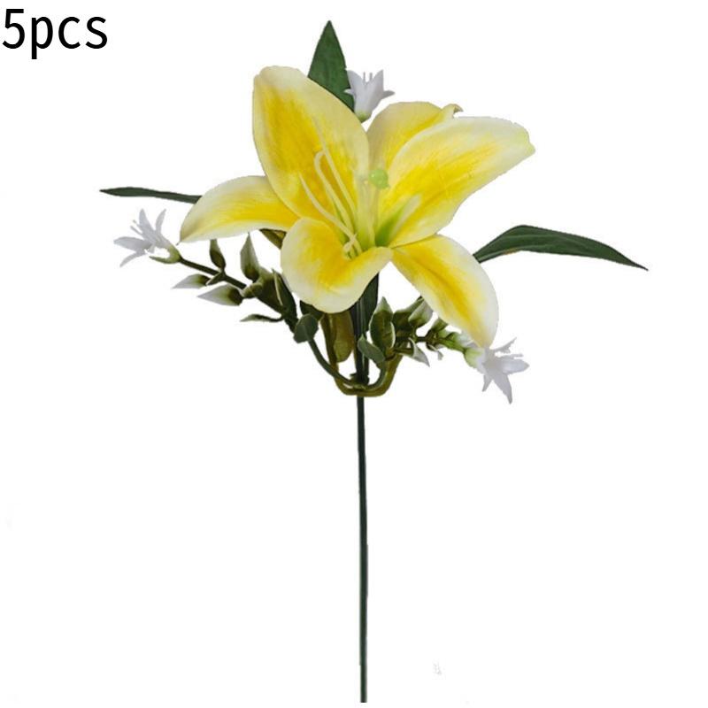5-Piece Artificial Lily and Star Gazer Bouquet, Plastic Floral Arrangement, Decorative Handheld Flower Bundle, Realistic Fake Flowers