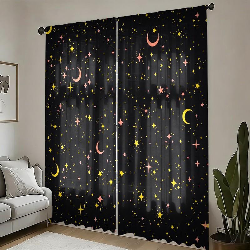 2 pieces of star-patterned curtains, made of polyester with semi-transparent texture, machine washable, suitable for bedrooms, living rooms and home decoration.