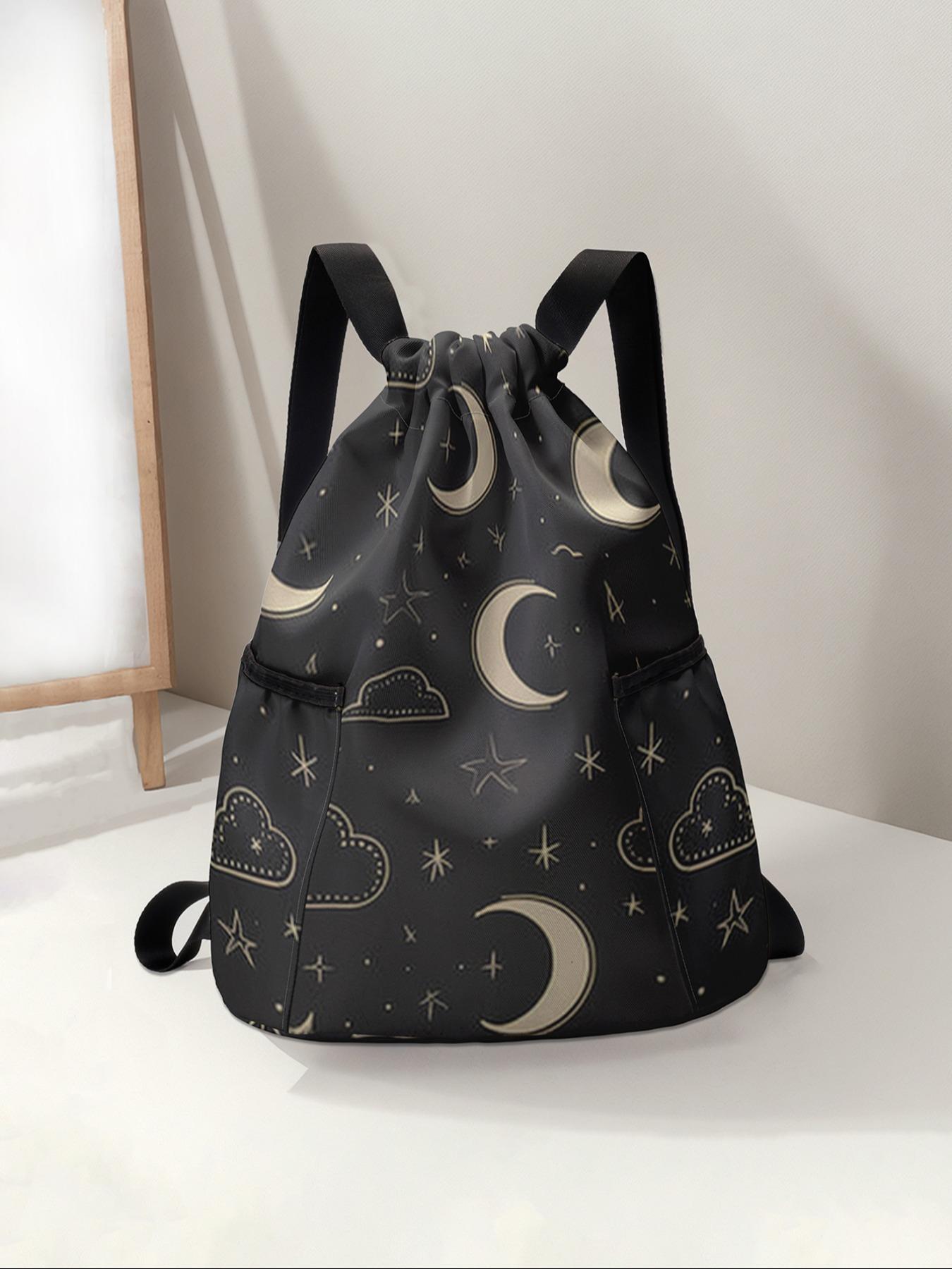 Star Moon Print Drawstring Backpack, Large Capacity Durable Fitness Bag, Casual Sports Bag, Adjustable Shoulder Straps, Sports Beach Bag for Men & Women