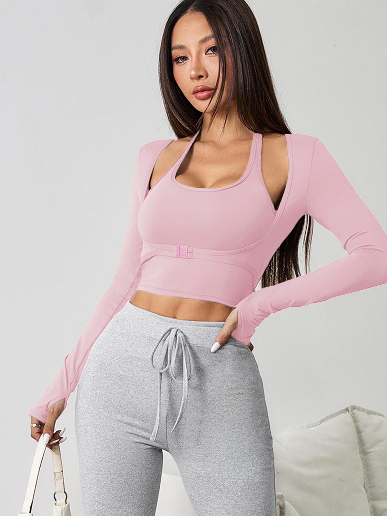 Women's Solid Color Long Sleeve Thumb Hole Design Halter Neck 2 in 1 Sports Tee Gym Yoga Tops for Yoga Gym Workout, Ladies Sportswear for All Seasons