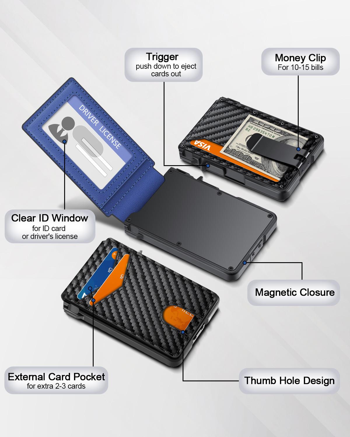 Men's Slim Minimalist Wallet with Money Clip - Holds 9-13 Cards, RFID Blocking Pop-Up Card Holder & ID Window, Aluminum Metal Bifold Wallet