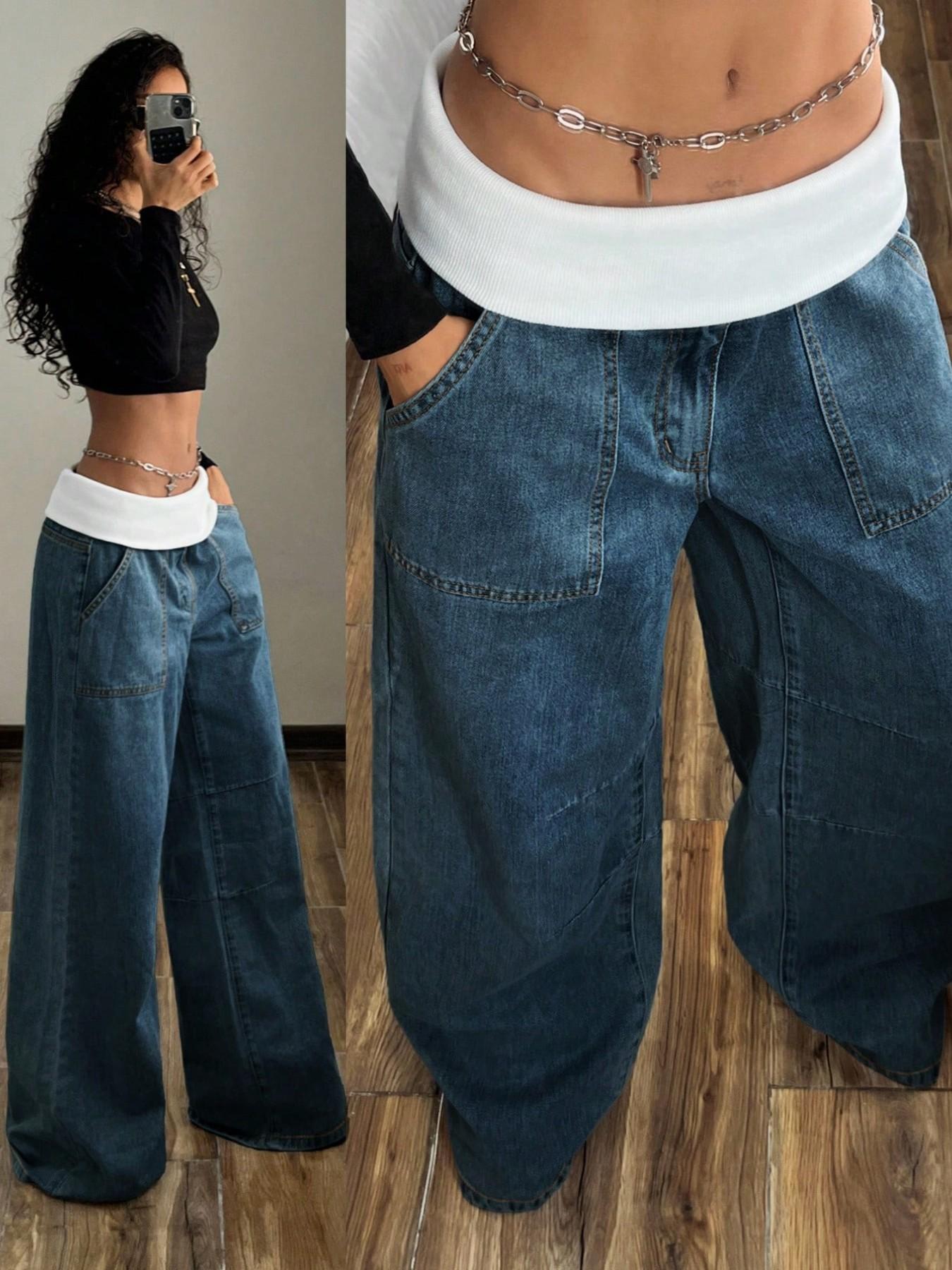 Women's Elastic Waist Oversize Loose Jeans, Four-Season Street Style Wide Leg Pants with Pockets, Casual Y2K Fashion for Outdoor Wear Bottoms, Streetwear