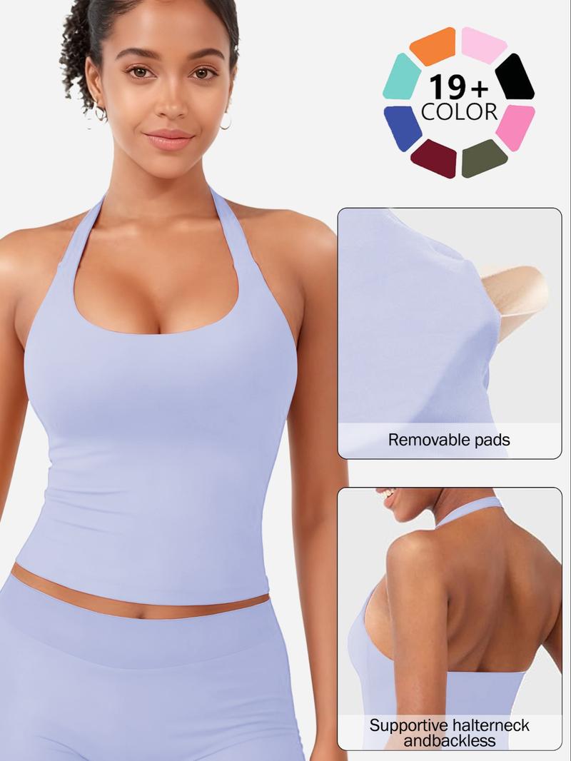 Women's Solid Removable Chest Pad Sports Tank Top, Casual Comfort and Durability Halter Neck Sports Top for Yoga Gym Workout, Ladies Sportswear for All Seasons, Backless Sports Vest