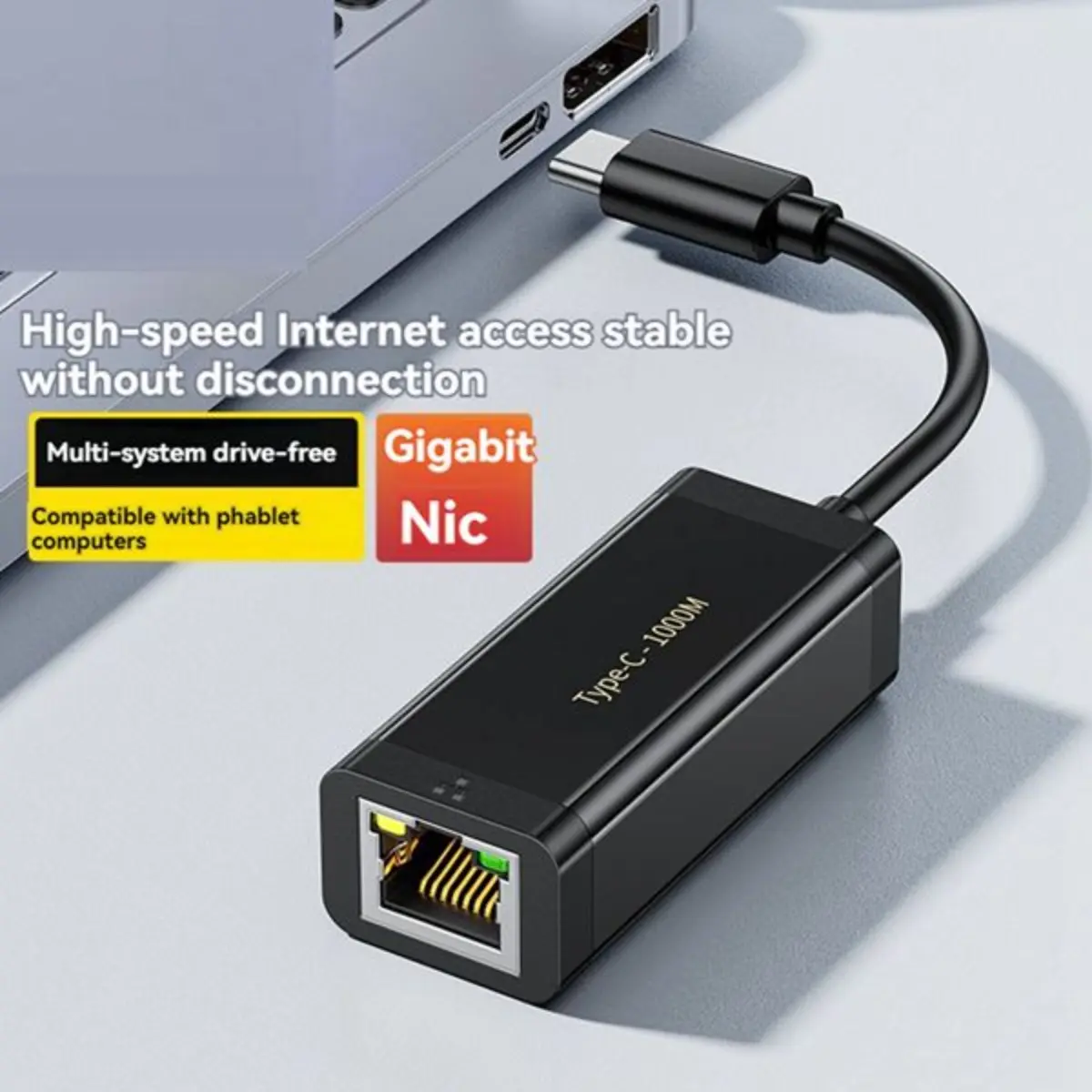 USB C To RJ45 Gigabit Ethernet Adapter Black ABS 1000Mbps Plug and Play for Laptop Tablet Phone Office Travel