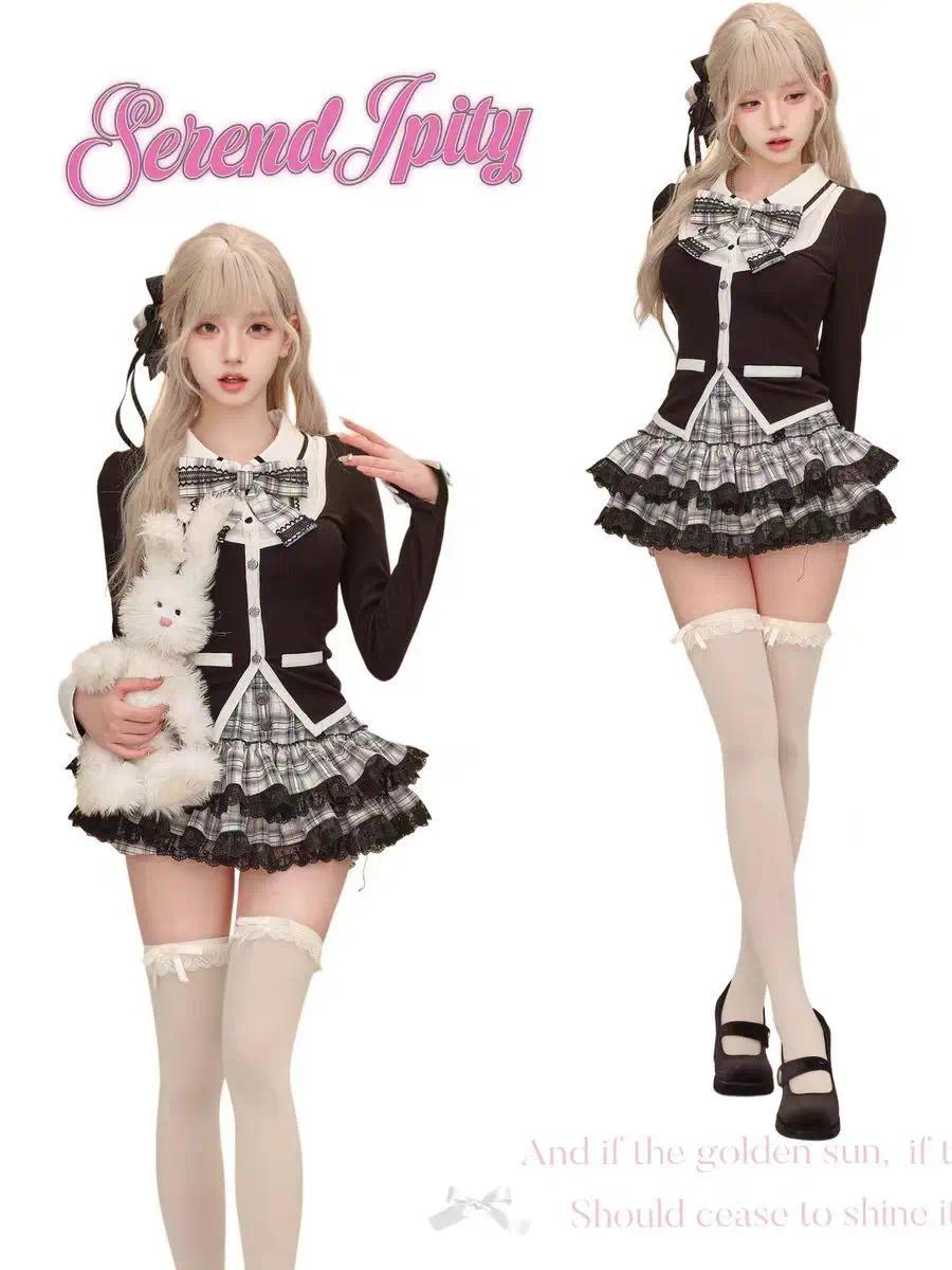 Korean 2 Piece Sets Women Casual Bow Y2k Crop Top Blouse + Mini Skirts 2000s Vintage Suits Chic Japanese Kawaii Clothing Autumn, Cute, Bow Detail