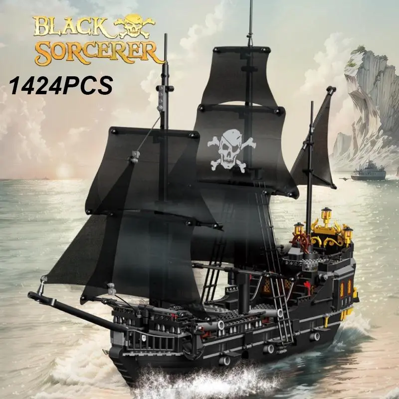 1424PCS Black Pirate Ship Building Blocks, Skeleton Ghost Boat Model, Assembly Bricks Toys, Desktop Decoration, Kids Holiday Gifts