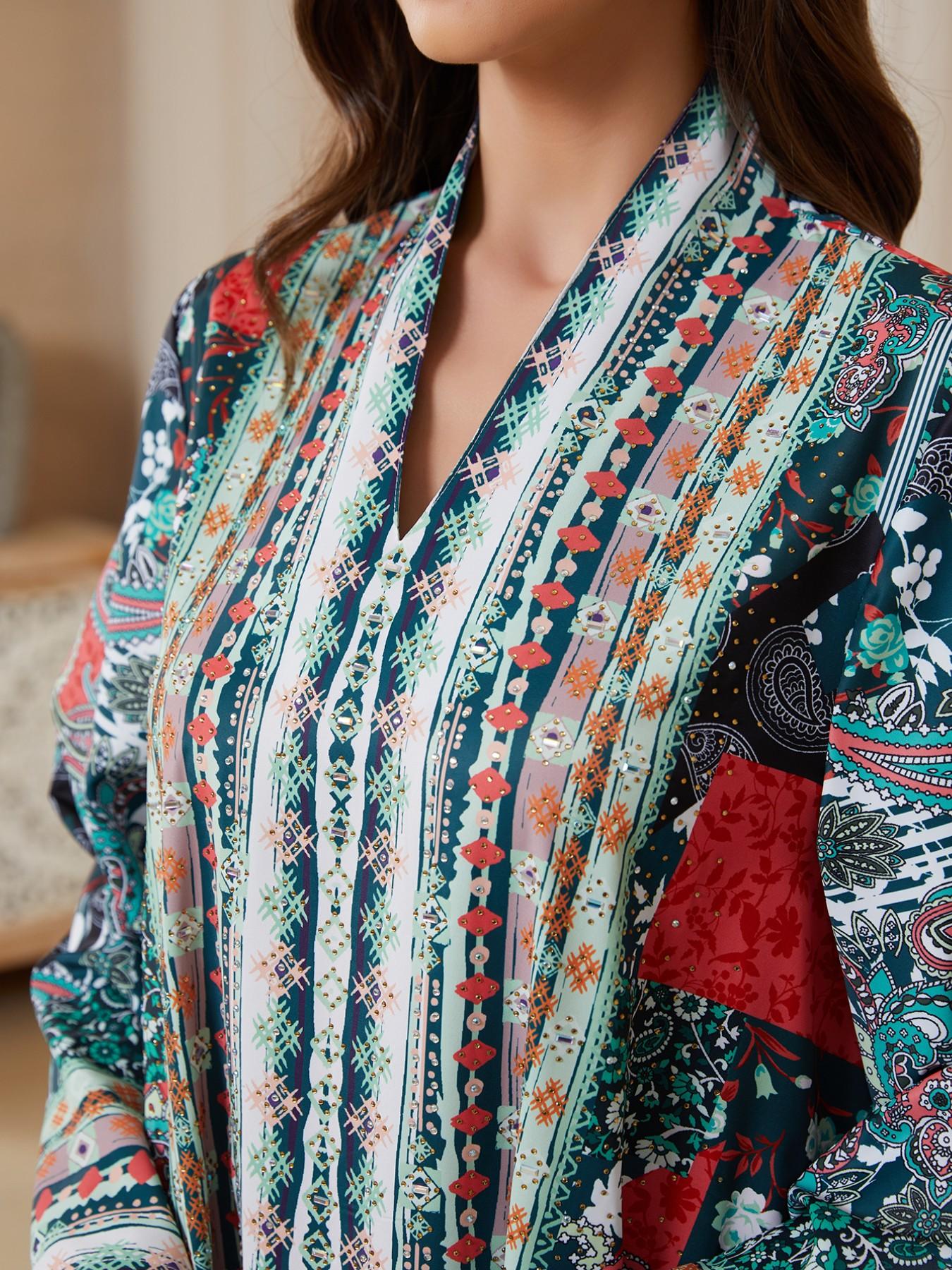 Middle Eastern Ramadan Eid Abaya, Ink Colorblock Cashmere Flower Long Robe, Dubai Style Luxury Kaftan Evening Gown