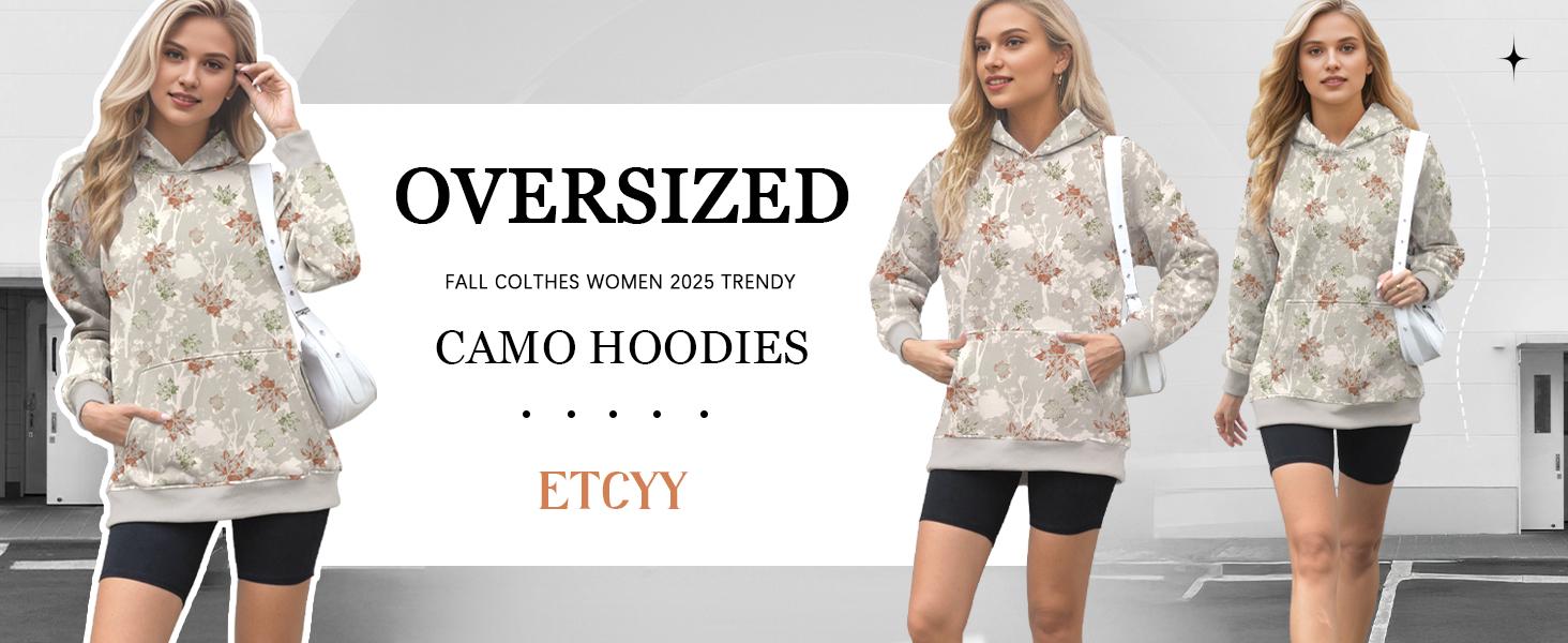 ETCYY Women’s Oversized Camo Fleece Hoodie – Casual Womenswear Camouflage Long Sleeve Sweatshirt with Kangaroo Pocket, Soft Viscose Blend Comfort, Drop Shoulder Crewneck Top, Cozy Maple Floral Print in Khaki for Fall/Winter