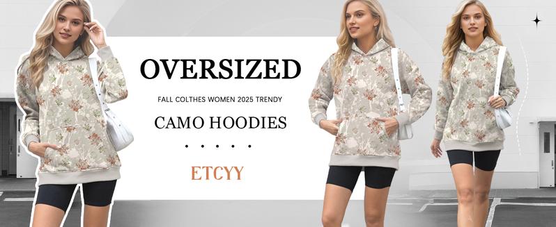 ETCYY Women’s Oversized Camo Fleece Hoodie – Casual Womenswear Camouflage Long Sleeve Sweatshirt with Kangaroo Pocket, Soft Viscose Blend Comfort, Drop Shoulder Crewneck Top, Cozy Maple Floral Print in Khaki for Fall/Winter
