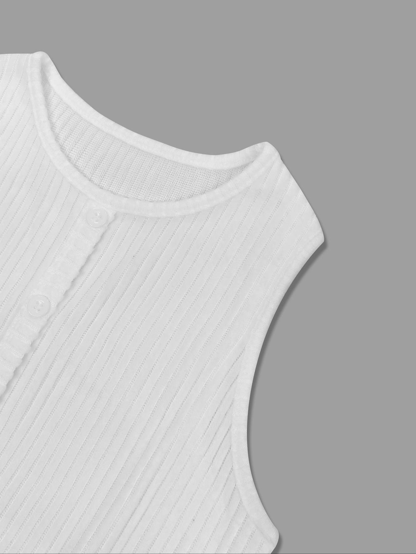 Women's Tight-Fit Knitted Ruched Micro-Transparent Round Neck Sleeveless Slim Fit Vest, Split Hem Button Design, Elegant Chic Casual Daily Fashion Top
