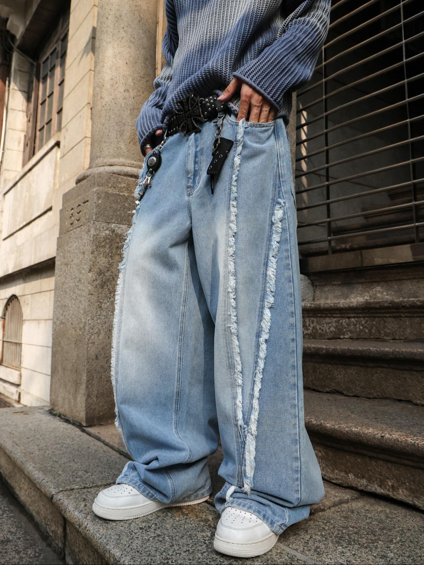 Men's American Casual Light Wash Blue Loose Straight Jeans, Y2K Streetwear Style, Drop Crotch Design, All Seasons, Zipper Fly, Loose Fit