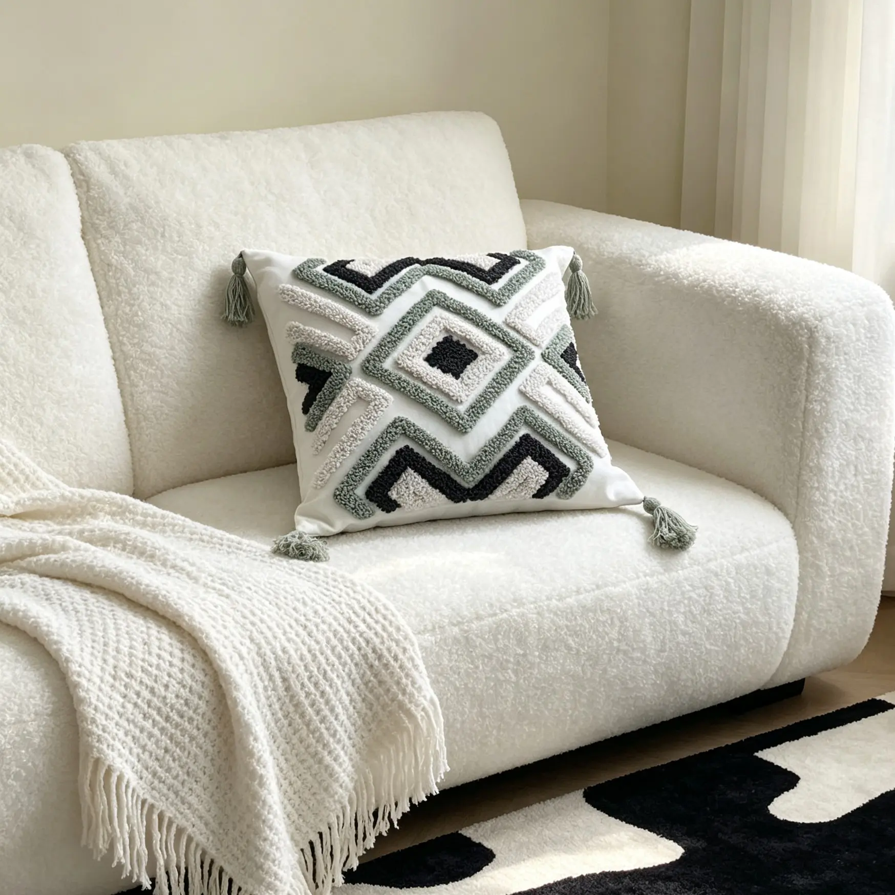 Bohemian Geometric Quilted Pillow Cover with Fringe, Decorative Cushion Case for Sofa and Living Room, Home Décor Accent Piece