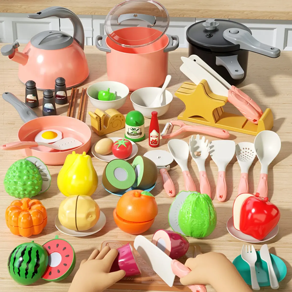 Kitchen Toy Set, Realistic Cooking Tools, Cut Fruits Vegetables, Play Food, Pressure Cooker Water Pot, Halloween Kids Toy Game Accessories