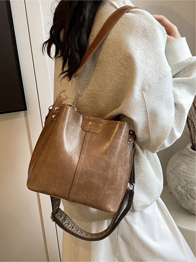 Vintage Large Capacity Bucket Bag, Fashion Casual Shoulder Crossbody Bag for Outdoor Travel Commuting, Stylish Unisex Handbag, Fashionable Crossbody Bag