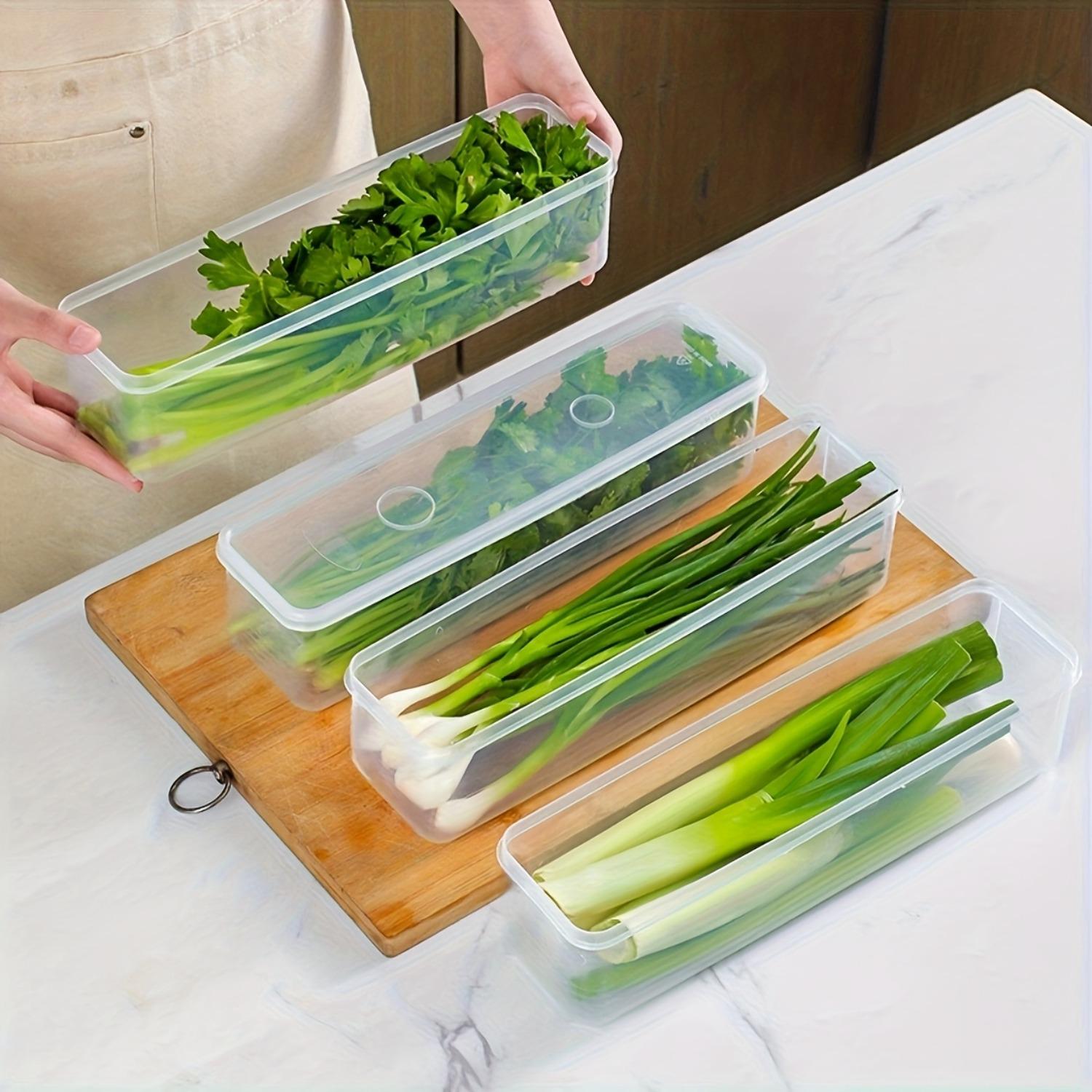 PrimPick 4 pcs rectangular food storage containers, Stackable Fridge Organizer, reusable refrigerator storage boxes, stackable, refrigerator safe, sealed refrigerator organization boxes, suitable for kitchen scallions, parsley, coriander, garlic