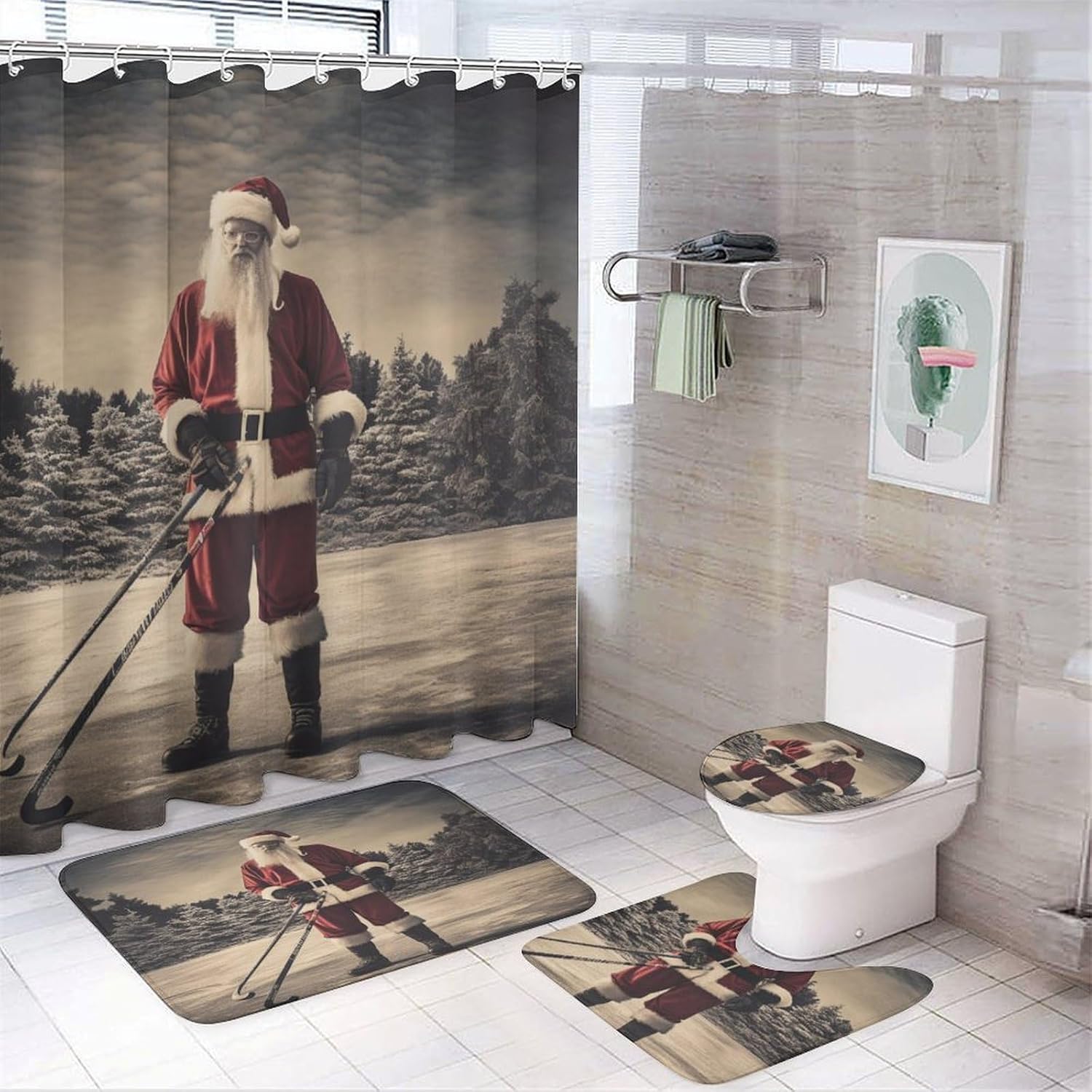 It's Just Chicken Time Shower Curtain 4 Piece Set Bathroom Shower Curtain Set with Rugs Rooster Chicken Holiday Durable and Waterproof for Bathroom Decor