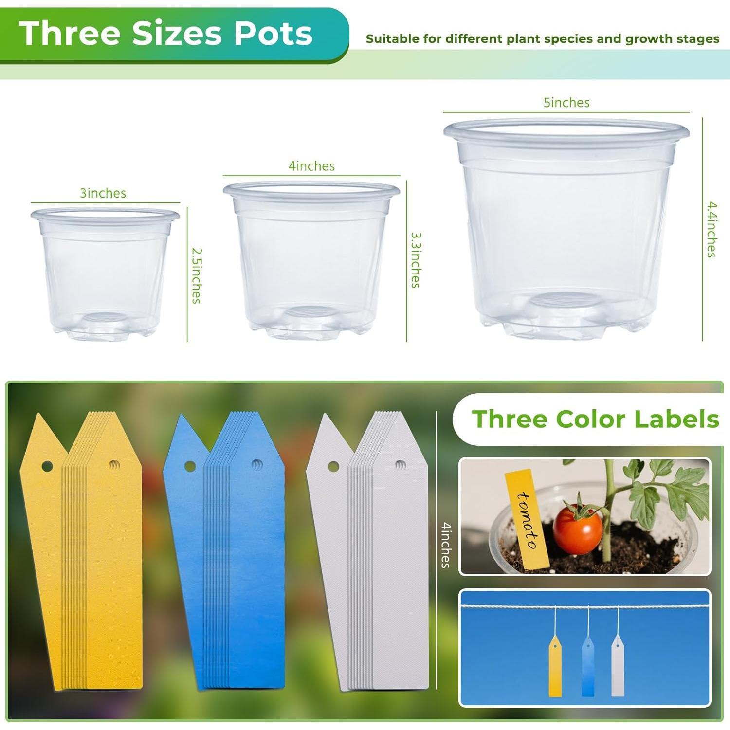 Pots for , 30 Packs Clear  Pots with Drainage, 3/4/5 Inch Plastic Planter Pots Including 30  Labels in Yellow White Blue (30)
