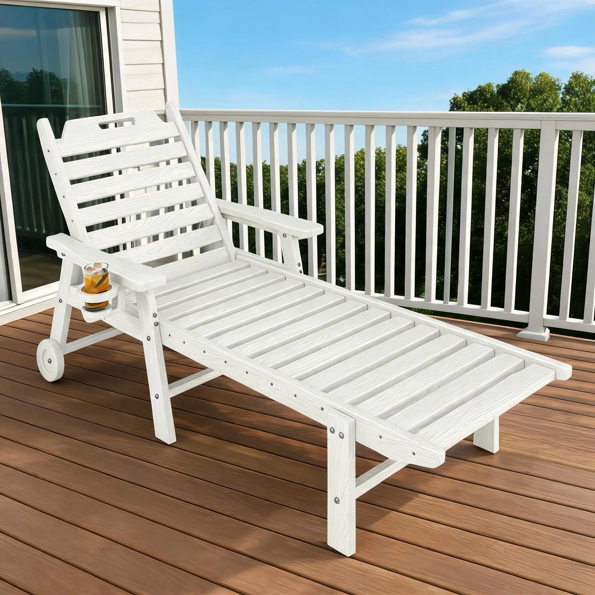 Wood-Look HDPE Patio Lounge Chair, 5-Position Adjustable Backrest, Weather-Resistant Poolside Sun Lounger