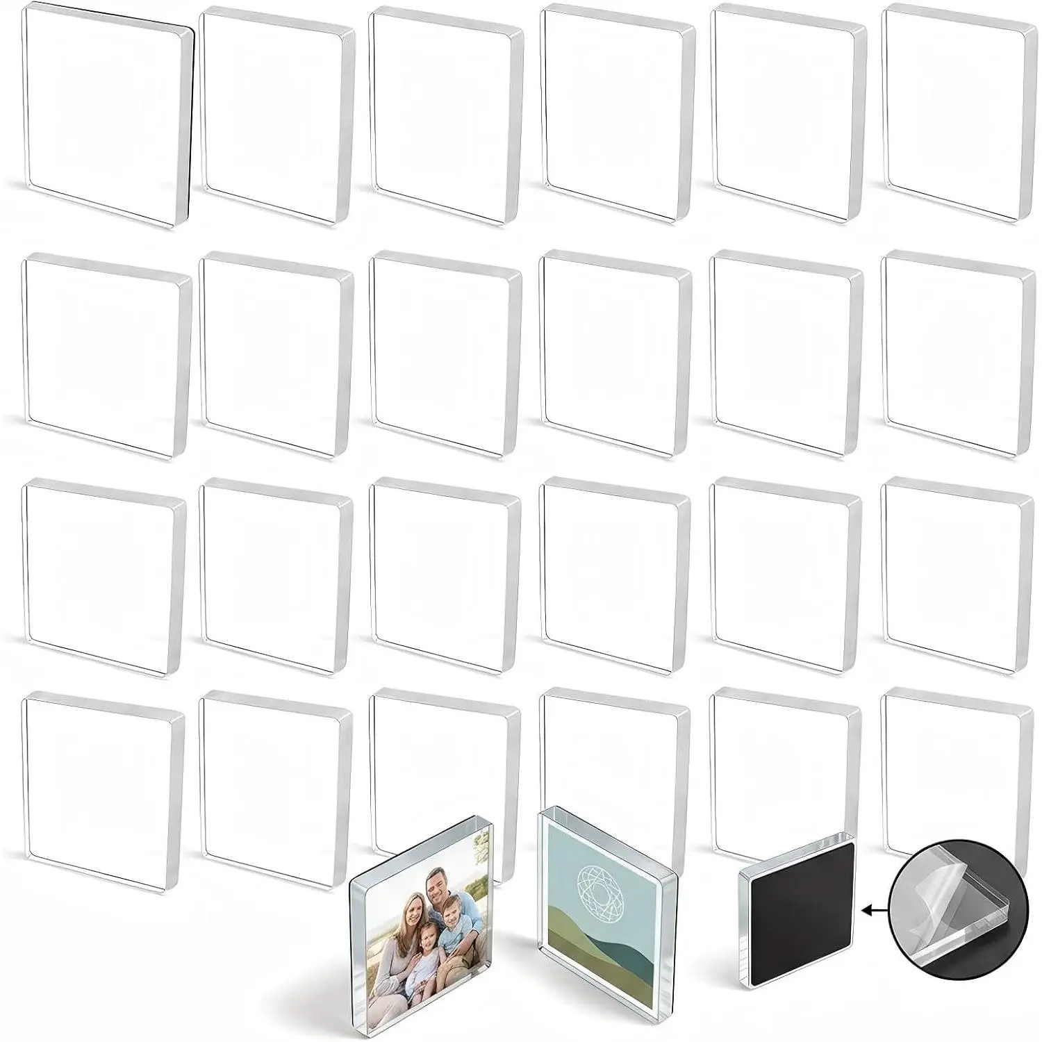 24 Pack 2"x2"x0.16" Clear Acrylic Fridge Magnets, Self-Backing DIY Square Photo Frames for Crafts,, Classroom, & Office Decoration