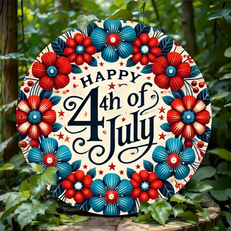 8x8in 1-Pack Round Metal Iron Sign, Vintage Patriotic Fourth of July Decor Plaque for Garage, Living Room Wall Decoration