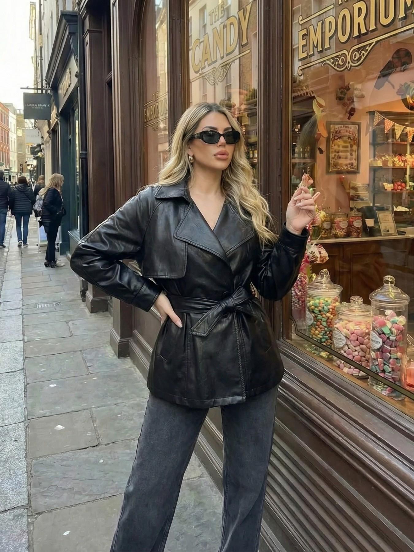 Elegant Belted Waist Long Sleeve Leather Jacket for Women, Fall Winter Loose Fit Casual Double-Breasted Windbreaker, Trendy Outerwear