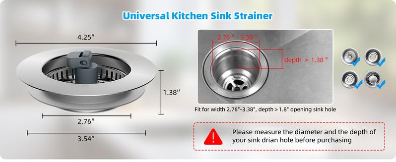 Hibbent 3 in 1 Kitchen Sink Drain Strainer and Stopper Combo, Stainless Steel Metal Pop Up Sink Stopper, SUS304 Anti-Clogging Basket Strainer with Handle for US Standard 3-1/2" Drain Hibbent 3 in 1 Kitchen Sink Drain Strainer and Stopper Combo, Stainless Steel Metal Pop Up Sink Stopper, SUS304 Anti-Clogging Basket Strainer with Handle for US Standard 3-1/2" Drain