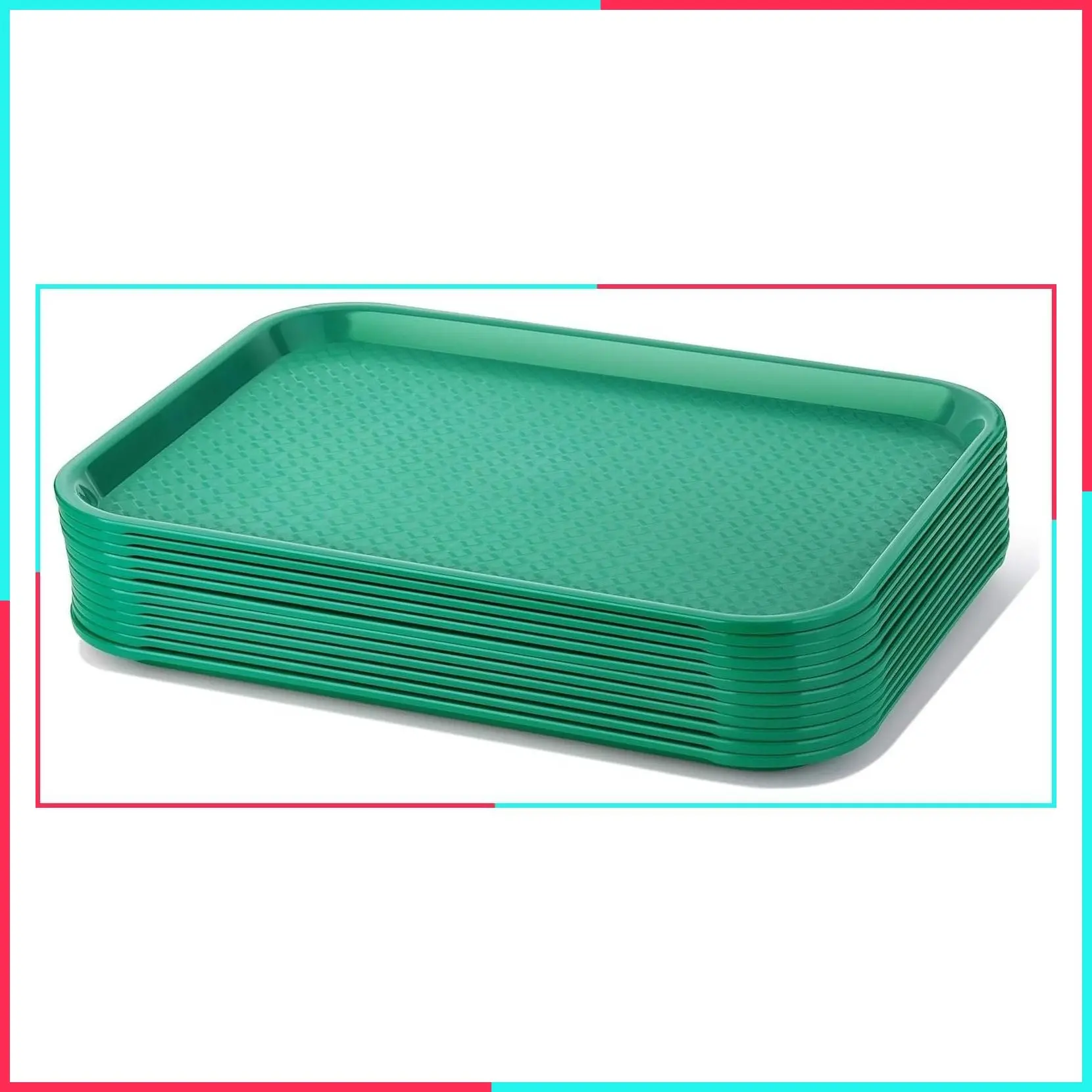 Reusable Plastic Cafeteria Serving Tray, 10 x 14 Inch, Textured Non-Slip Surface, Stackable Restaurant Tray, Green, Set of 12