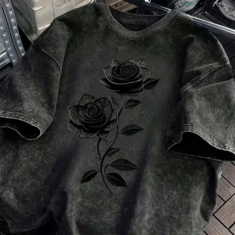 Unisex Dark Rose Print Washed Cotton Short Sleeve T-Shirt, Summer American Vintage Loose Fit, Youth Streetwear Top，Gothic Outfit，Y2K Fashion Matching Couple Outfits