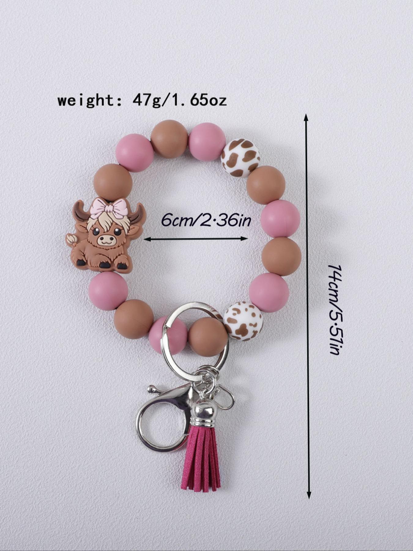 Cute Farm Style Beaded Wrist Keychain, Multiple Colors Available, Spot Pattern Beads with Bow Cow Design, Perfect Gift for Friends & Family