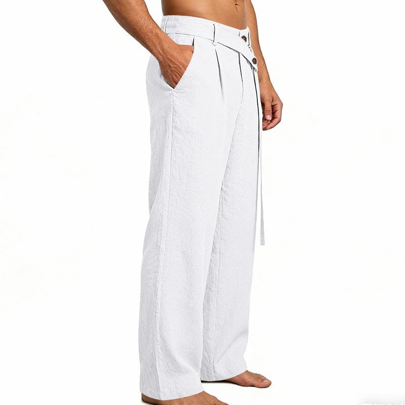 Men's 2026 Spring Summer Plain Linen-Cotton Fabric Wide Leg Trouser, Irregular Cross Buckle Waist, Loose Fit for Big-Tall Menswear, Ideal for Beach Vacation & Daily Commute (Polyester-Blended Option Available)