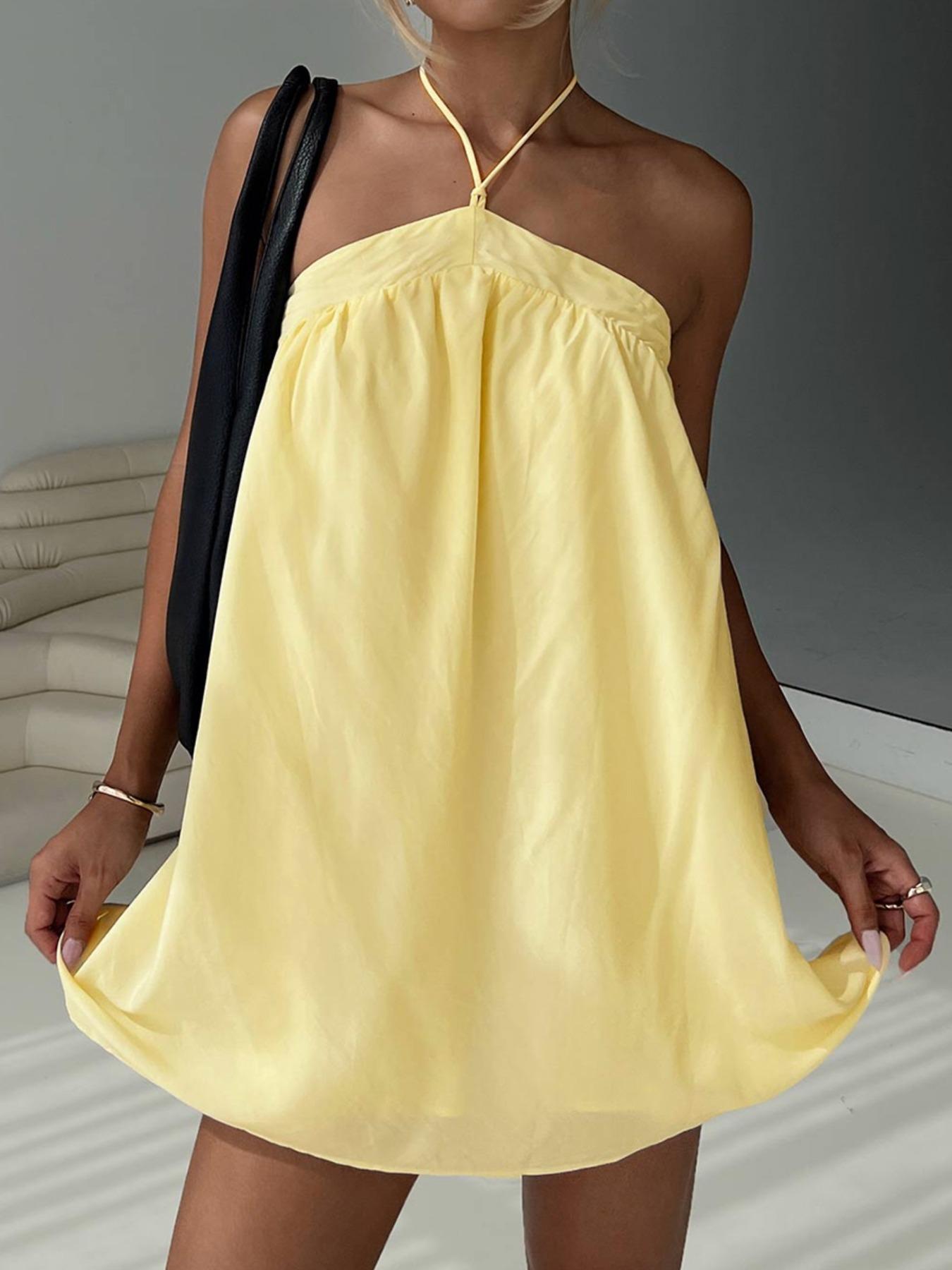 Women's Solid Color Halter Neck Tie Shoulder Cami Dress, Halter Strap Dress, Casual Sleeveless A Line Dress for Summer, Ladies Clothes for Beach Holiday