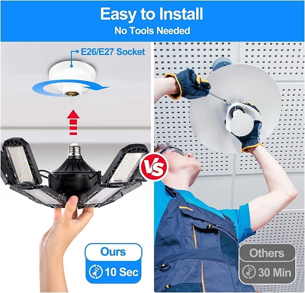 LED Garage Lights, 2Deformable Garage Light, Ceiling LED Shop Lights, E26/E27 Screw In LED Light Garage Lighting with 10+1 Panels Garage Bulb for Basement, Attic, Warehouse