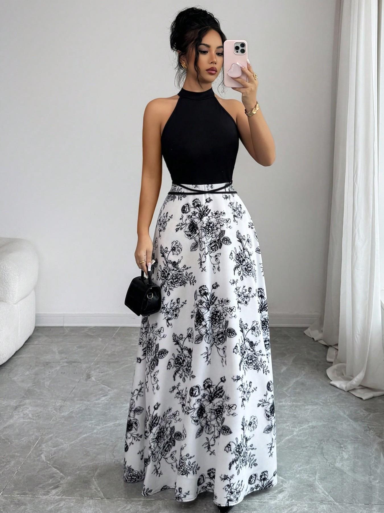 Women's Summer New French Patchwork Sleeveless Dress, Unique Design Floral Print Backless Colorblock Slim Waist Dress, Elegance, Chic, Fashionable and Stylish, Elegant Summer Dress