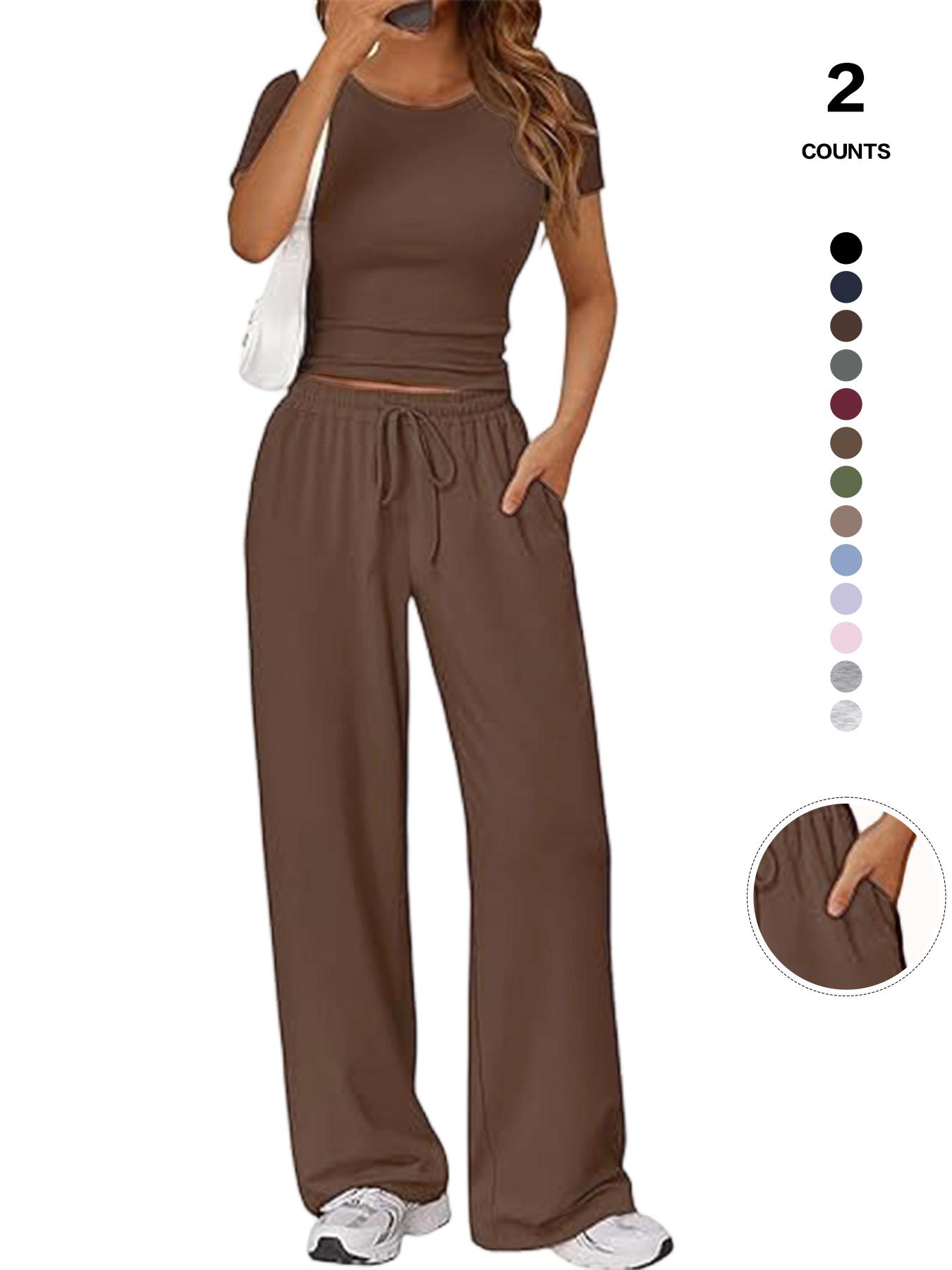 Women's Spring Summer Casual Set, Round Neck Short Sleeve Top & Wide Leg Pants, Slim Fit Home Wear, 2 Piece Comfortable