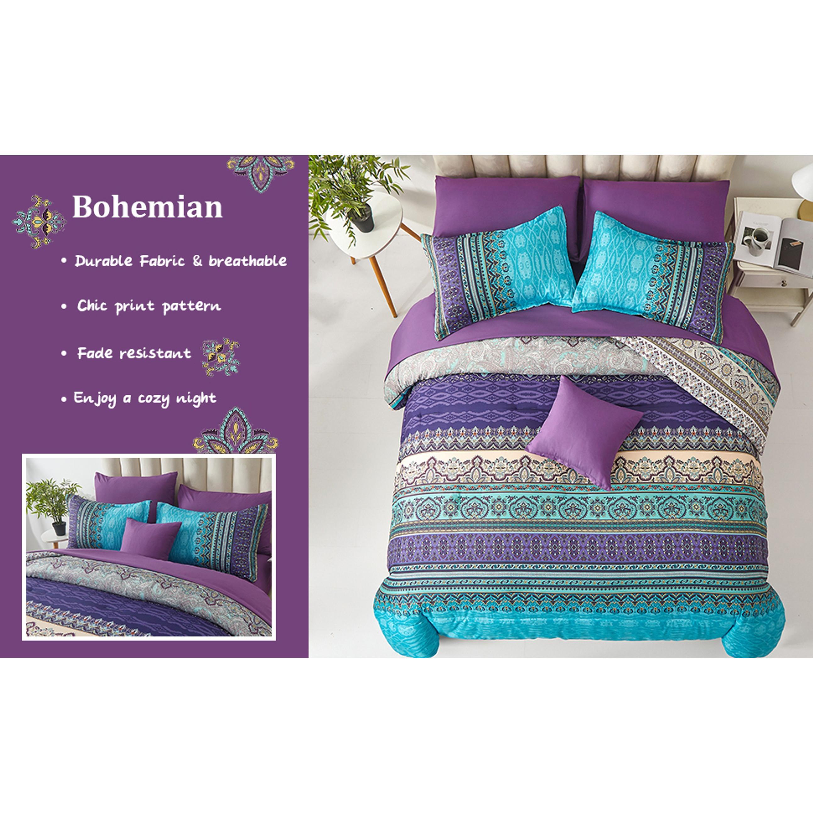 Boho Comforter Set Queen Size 8 Piece Bed in a Bag Bohemian Striped Bedding Quilt Set Aqua Paisley Floral Comforter and Sheet Set,Soft Microfiber Complete Bedding Sets for All Season