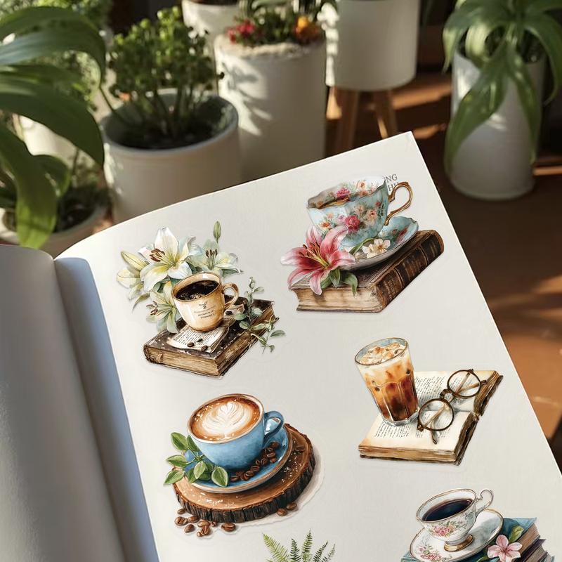 50pcs Retro Artistic Coffee Watercolor Tea Cup Old Book Floral Transparent PET Material Graffiti Stickers Suitable for Suitcases, Phone Cases, Laptops, Helmets, Skateboards Waterproof Decoration DIY Creative Stickers
