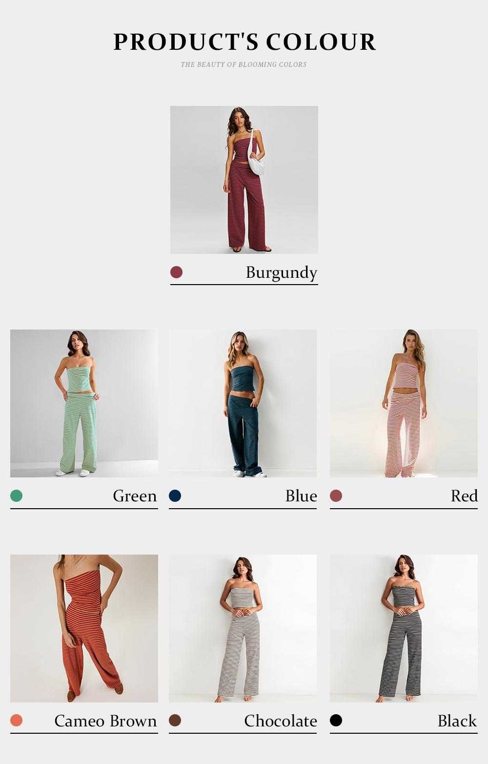 Women's Chic Casual Set Color Matching Stripe Slim Tube Top & Low-Rise Wide Leg Trousers Co-ord, Striped, Spring & Summer Holiday Outfits, Comfortable Womenswear