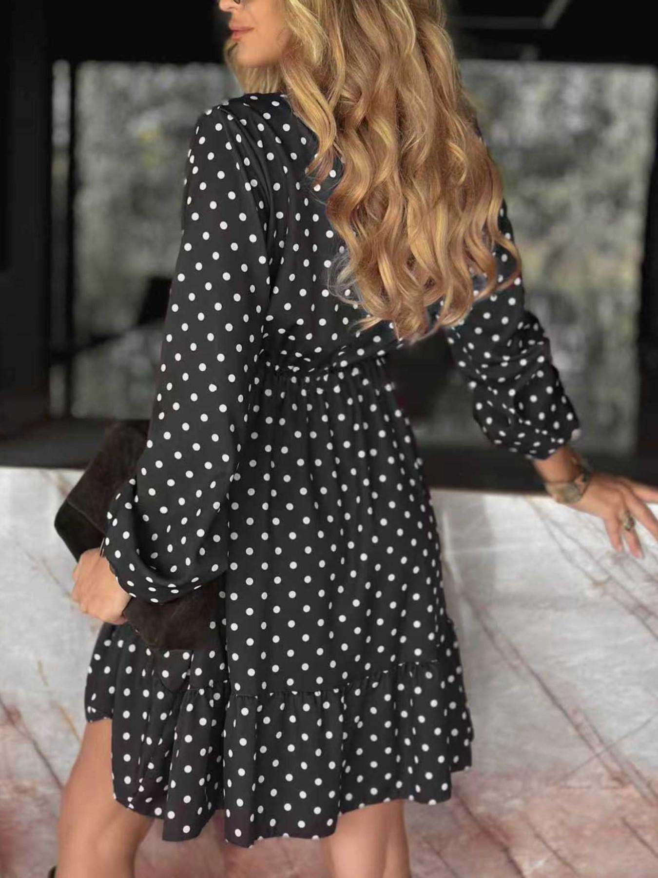 Polka Dot Dress French Sweet V Neck Long Sleeve Midi Tight Waist Women's Clothing, Stylish and Comfortable Design for Daily Wear